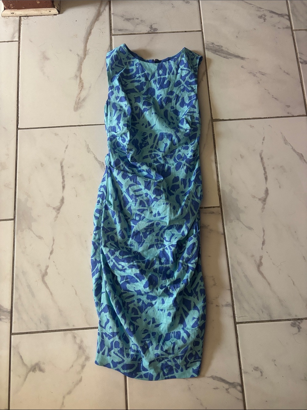 Sleeveless Aqua & Blue Floral Sheath Mini Dress